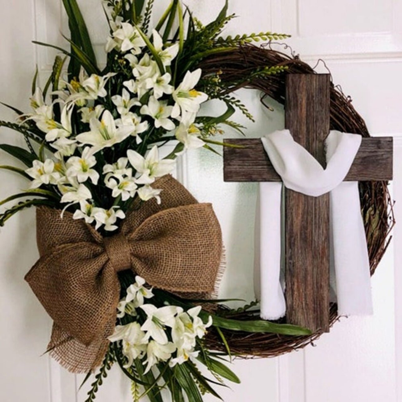 13.8" Easter Handmade Garland with Cross Natural Burlap Rustic Grapevine